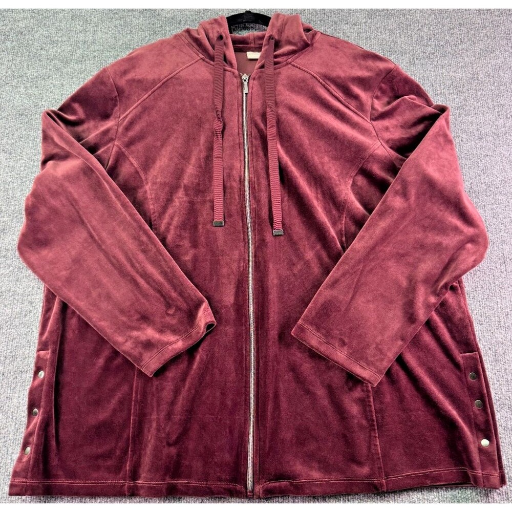 Chico’s Zenergy Velour Zip Hoodie Jacket Size 4 (20/22) Burgundy Soft Snap Side